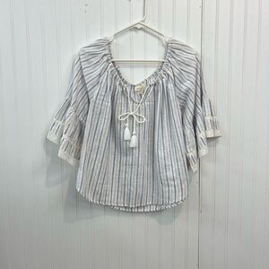 Lovestitch Blue and White Striped lace bell sleeve off the shoulder Blouse